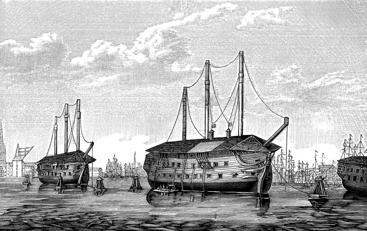 De Deense gevangenisschepen Dronning Maria en Waldemar in Kopenhagen door Unbekannt