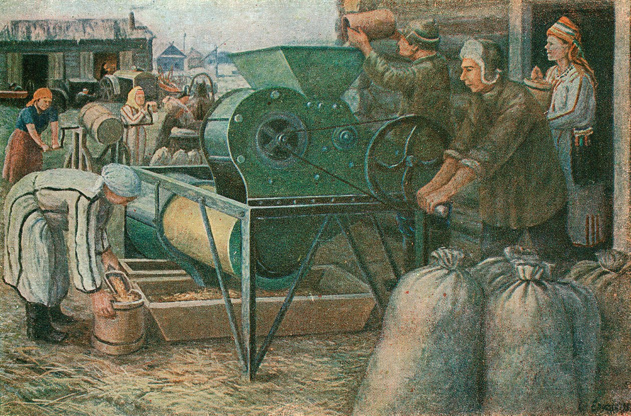 De strijd om de oogst: sorteren van zaden op een Mordva collectieve boerderij, 1933 door Unbekannt