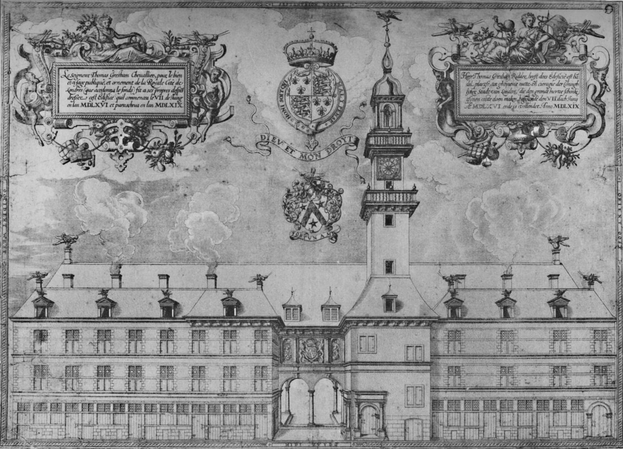 De eerste Royal Exchange in 1569, 16e eeuw, 1928 door Unbekannt