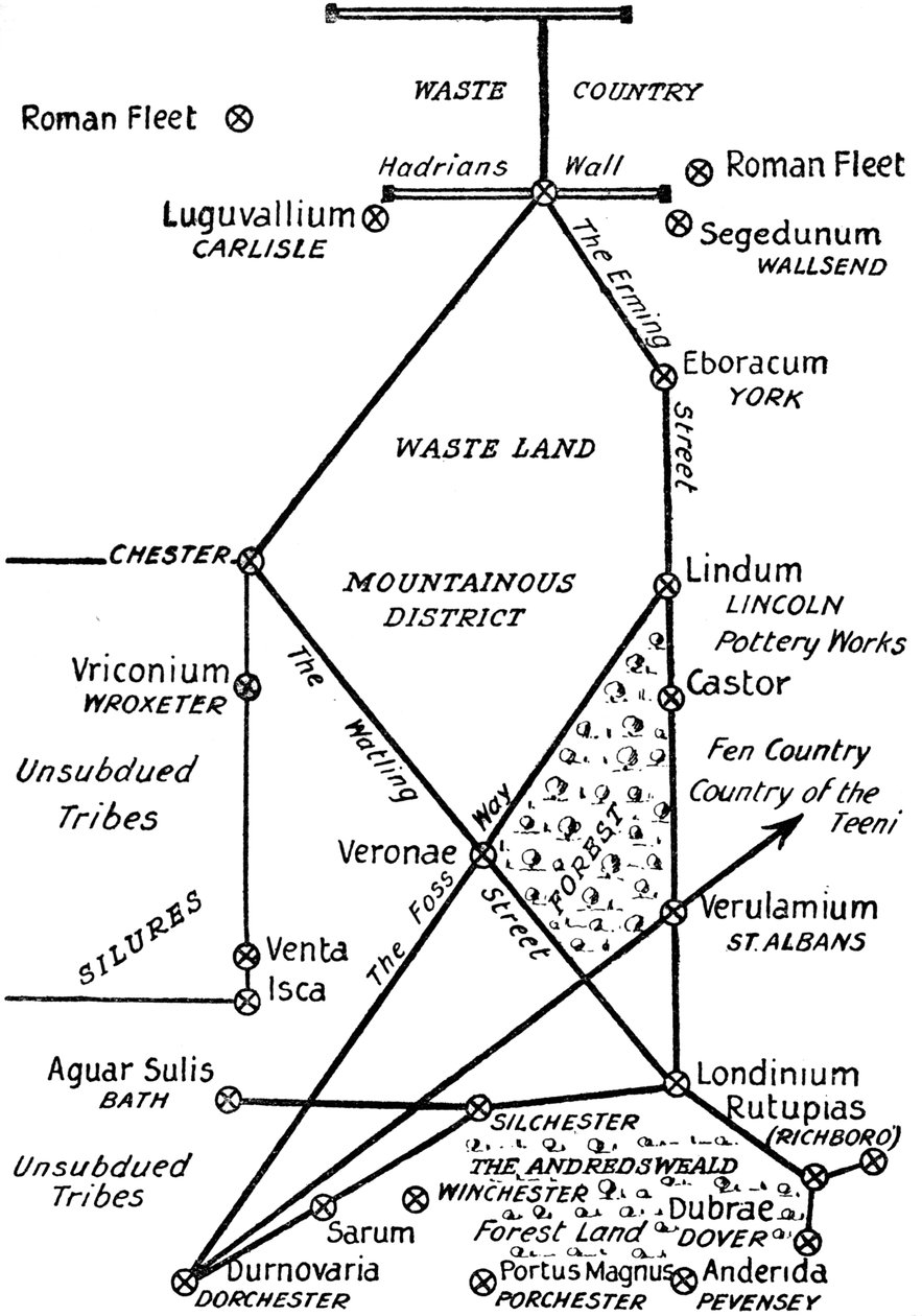 De vier belangrijkste Romeinse communicatielijnen in Groot-Brittannië, 1910 door Unbekannt