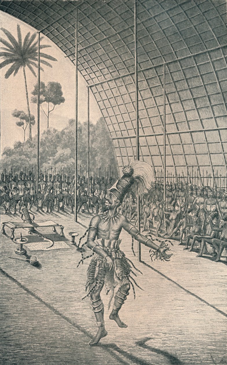 De Mangbattu koning Munsa danst voor zijn vrouwen en krijgers, ca. 1870, 1903 door Unbekannt