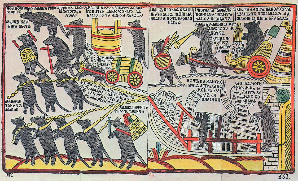 De muizen begraven de kat, Lubok print, 1760 door Unbekannt