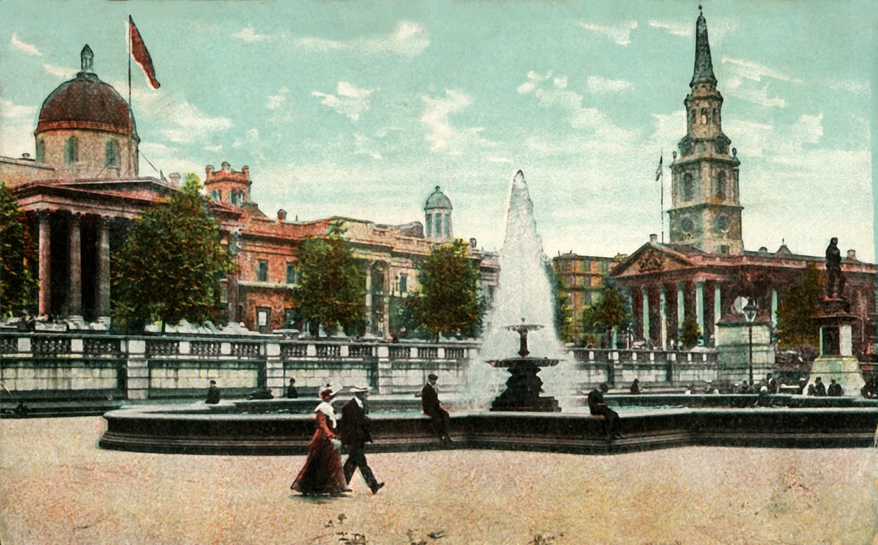 De National Gallery, St Martin in the Fields, en fonteinen op Trafalgar Square, Londen, ca. 1910 door Unbekannt