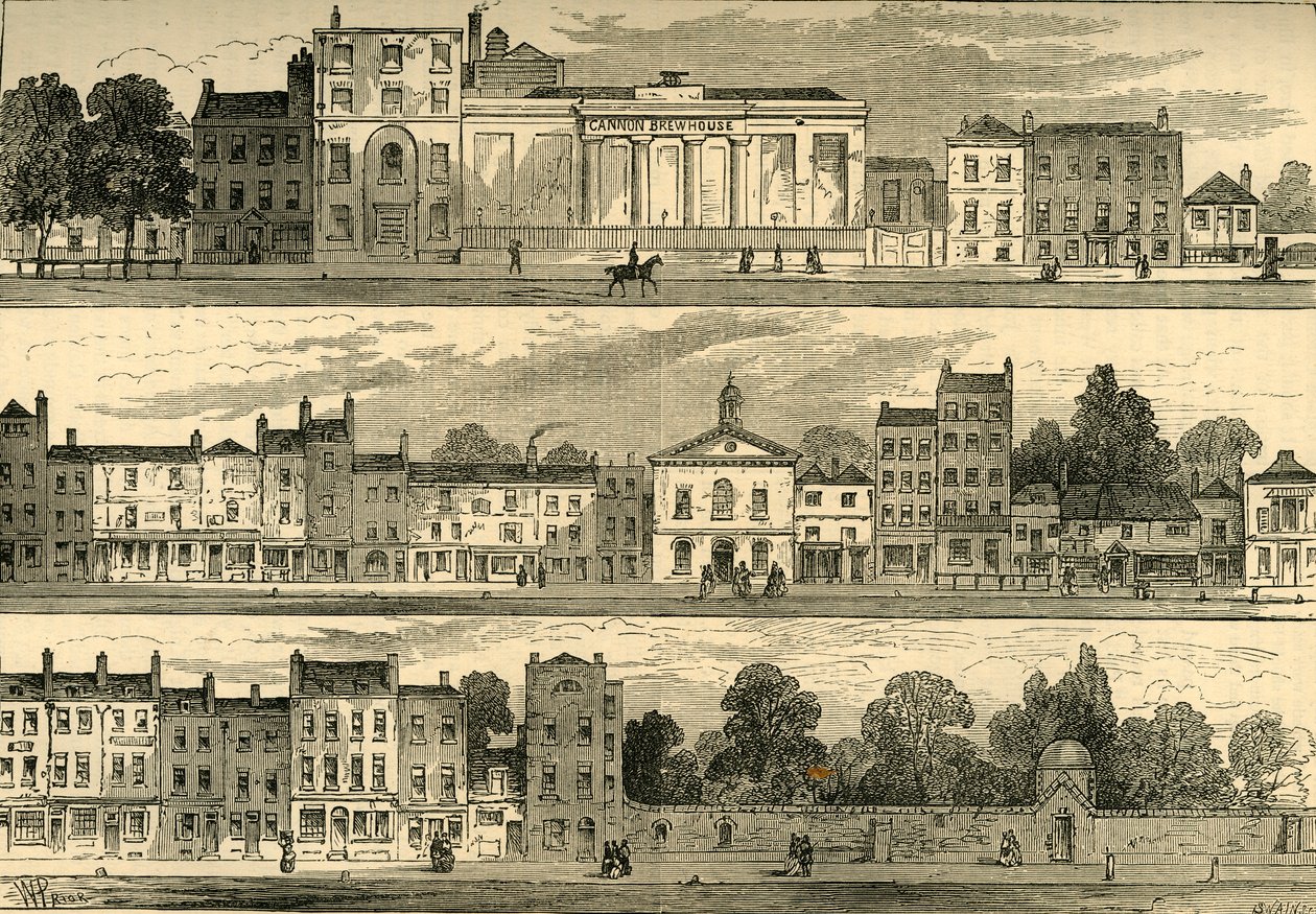 De noordkant van Knightsbridge in 1820, van de Cannon Brewery tot Hyde Park Corner, ca. 1876 door Unbekannt