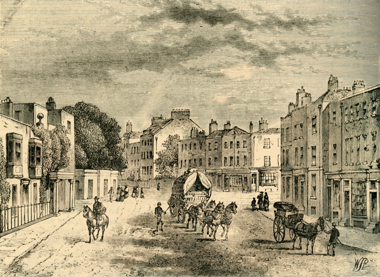 Het oude dorp Vauxhall, met ingang naar de tuinen, in 1825, ca. 1878 door Unbekannt