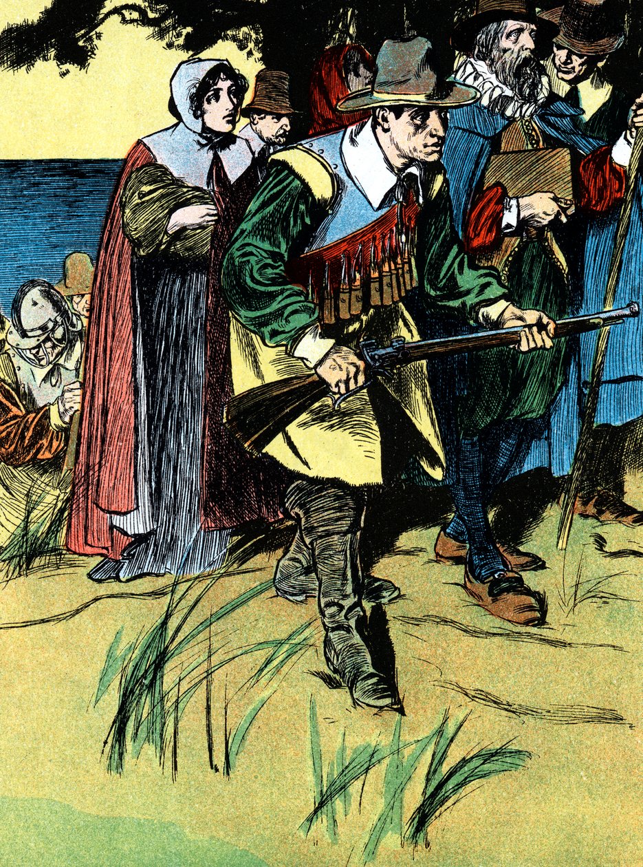 De pelgrims na aankomst in Amerika, 1620, ca. 1900 door Unbekannt