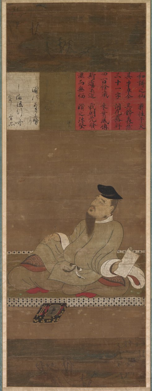 De dichter Kakinomoto no Hitomaro, ca. 1300-1350 door Unbekannt