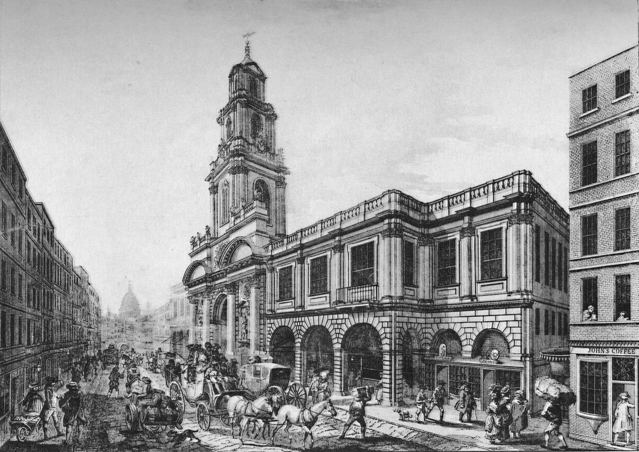 De tweede Royal Exchange, Zuidfront, in 1788 door Unbekannt
