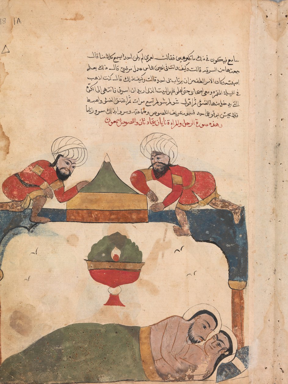 De dieven op het dak wekken de koopman, Folio van een Kalila wa Dimna, 18e eeuw door Unbekannt