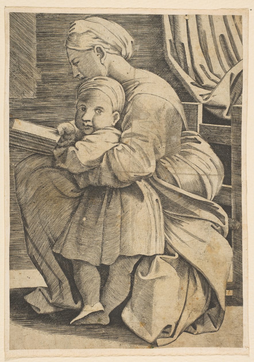 De Maagd lezend met het kind Christus, vrouw zittend in profiel naar links door Unbekannt