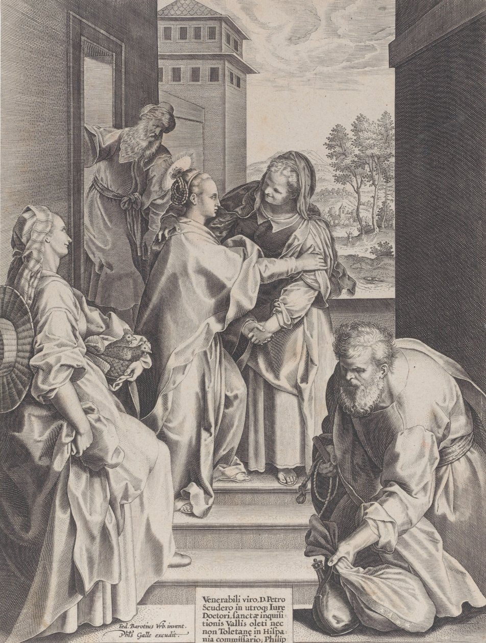 De Visitatie, de Maagd en Sint-Elizabeth omhelzen elkaar in het midden, geflankeerd door andere f..., 1589 door Unbekannt