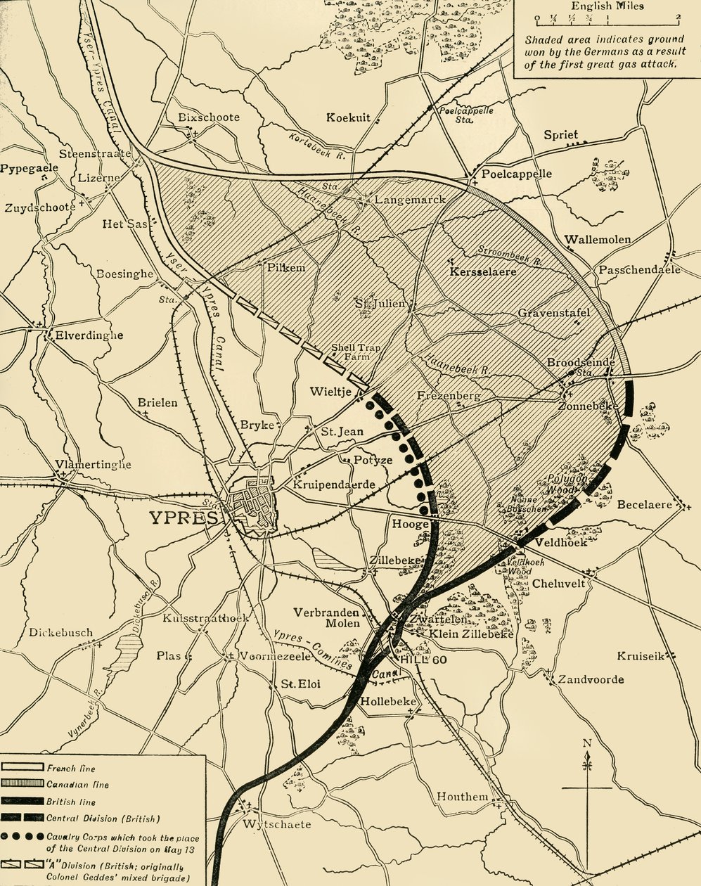 De Ypres Salient voor en na de Tweede Slag om Ieper..., Eerste Wereldoorlog, 1915, c1920 door Unbekannt