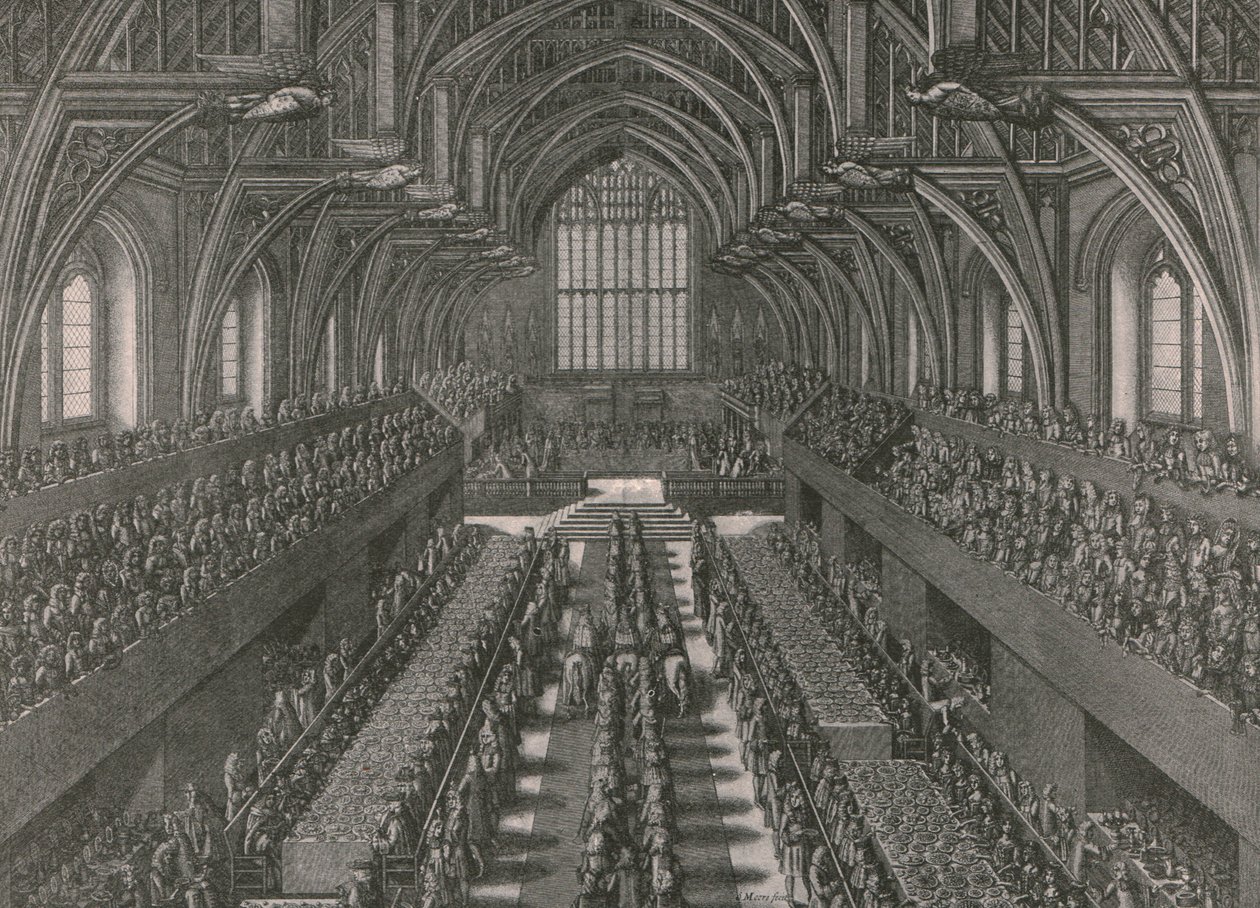 Het banket in de Grote Zaal van het Palace of Westminster...kroning van James II in 1685 door Unbekannt