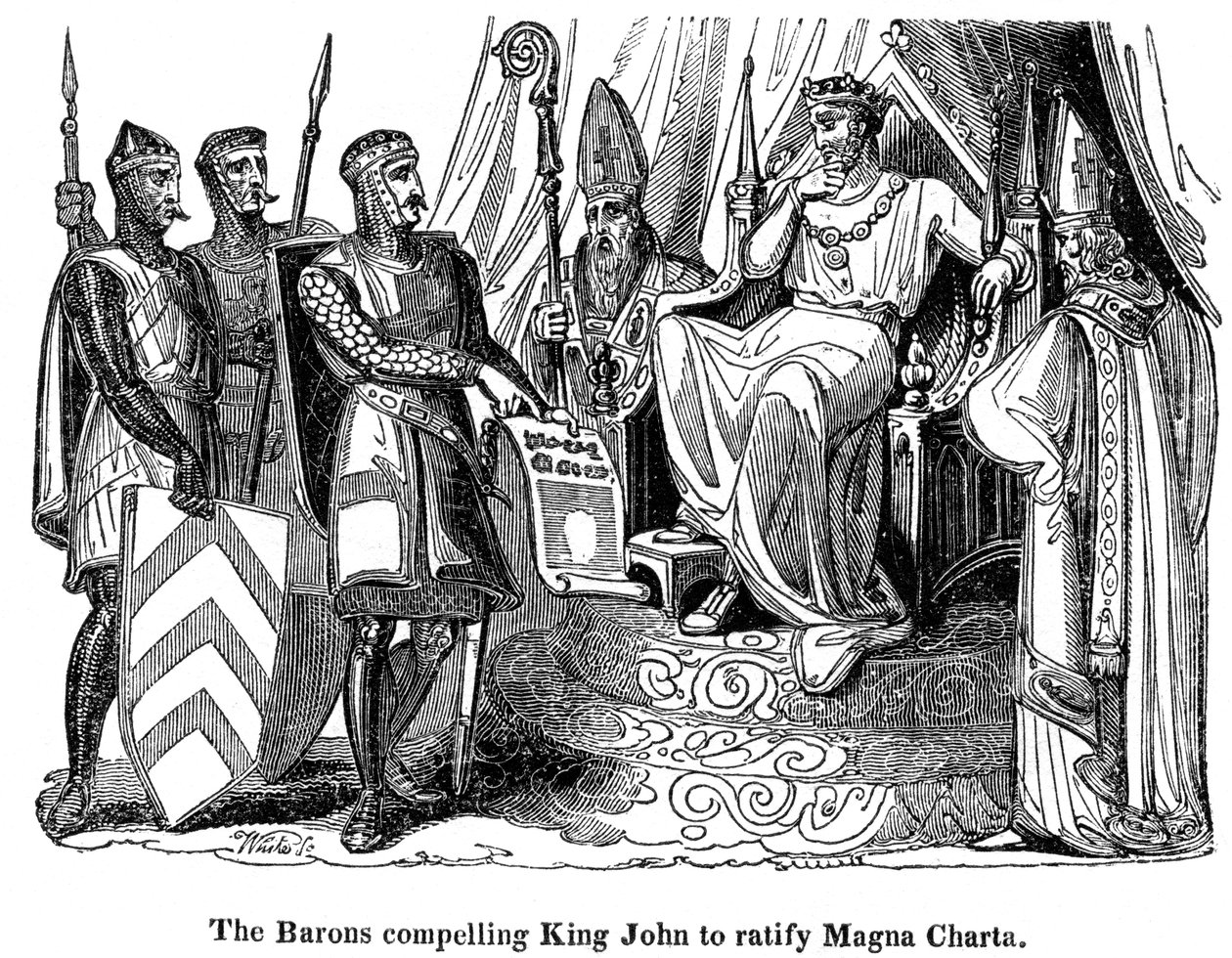 De baronnen dwingen koning Jan 1167-1216 om de Magna Carta te ratificeren, 1215 door Unbekannt