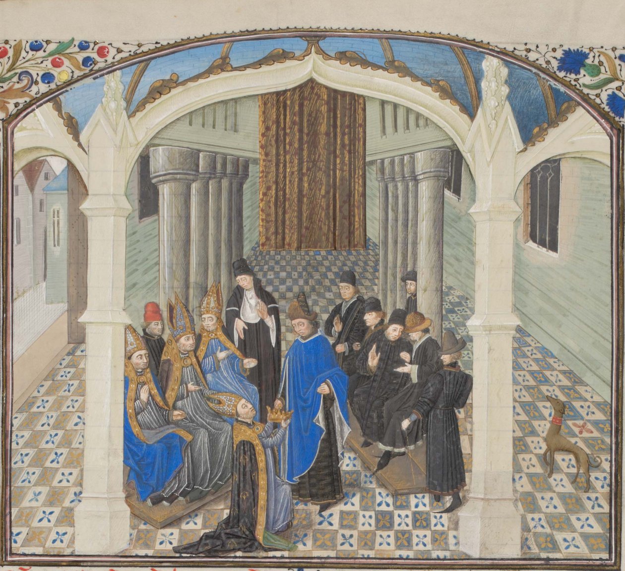 De kroning van Boudewijn II in 1118. Miniatuur uit de Historia door Willem van Tyrus, 1460s door Unbekannt