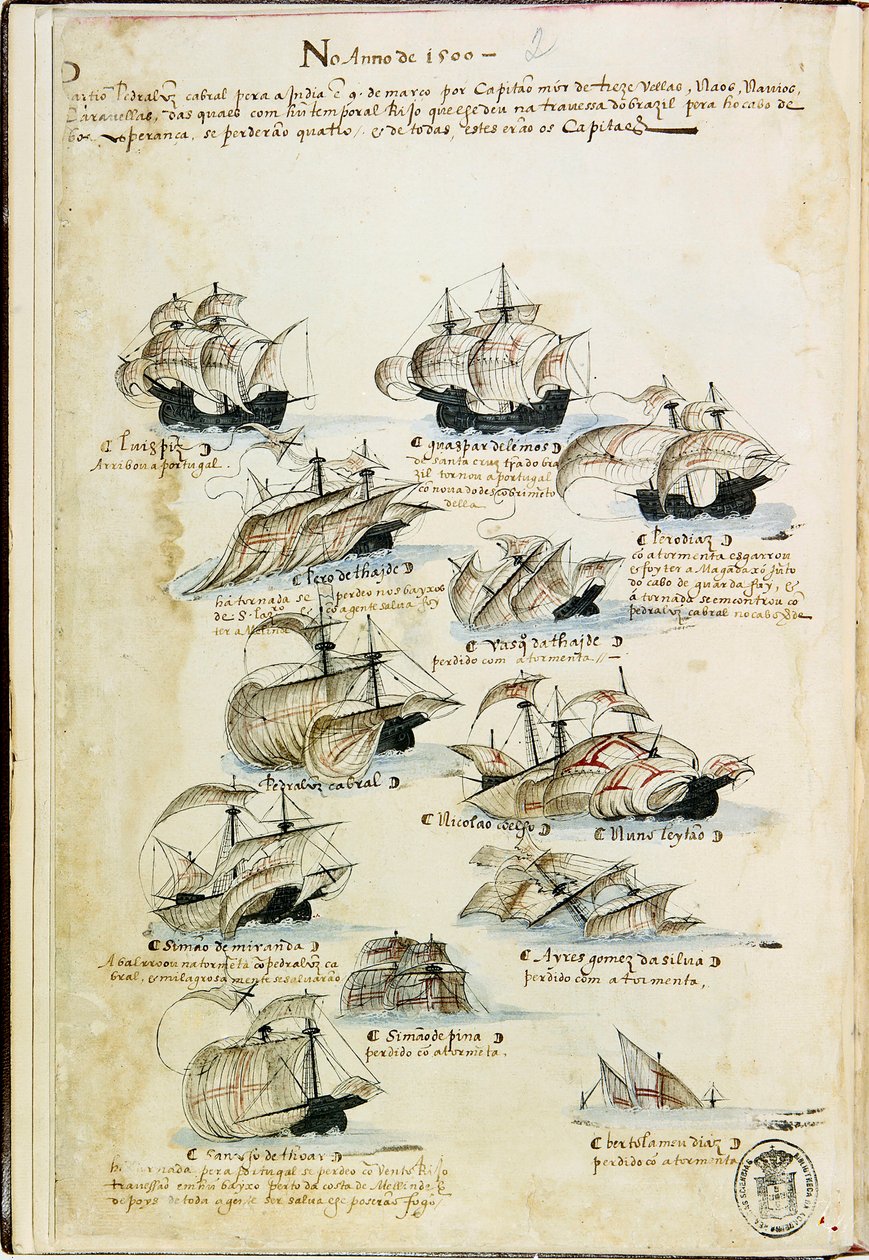 De vloot van Pedro Álvares Cabral in 1500. Uit Livro das Armadas, ca. 1568 door Unbekannt