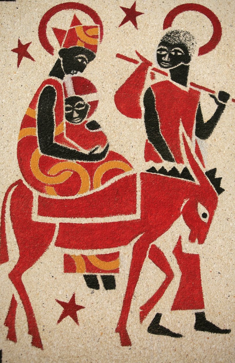 De vlucht naar Egypte. De fresco in de Keur Moussa abdijkerk werd ontworpen en geschilderd in 1963 door Dom Georges Saget, Keur Moussa, Senegal door Unbekannt
