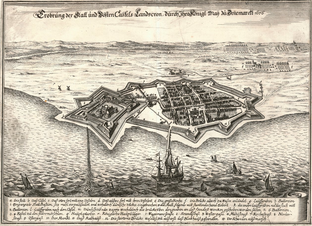 De vestingwerken van Landskrona, Zweden, veroverd door de Denen in de Scania Oorlog, 1676 door Unbekannt