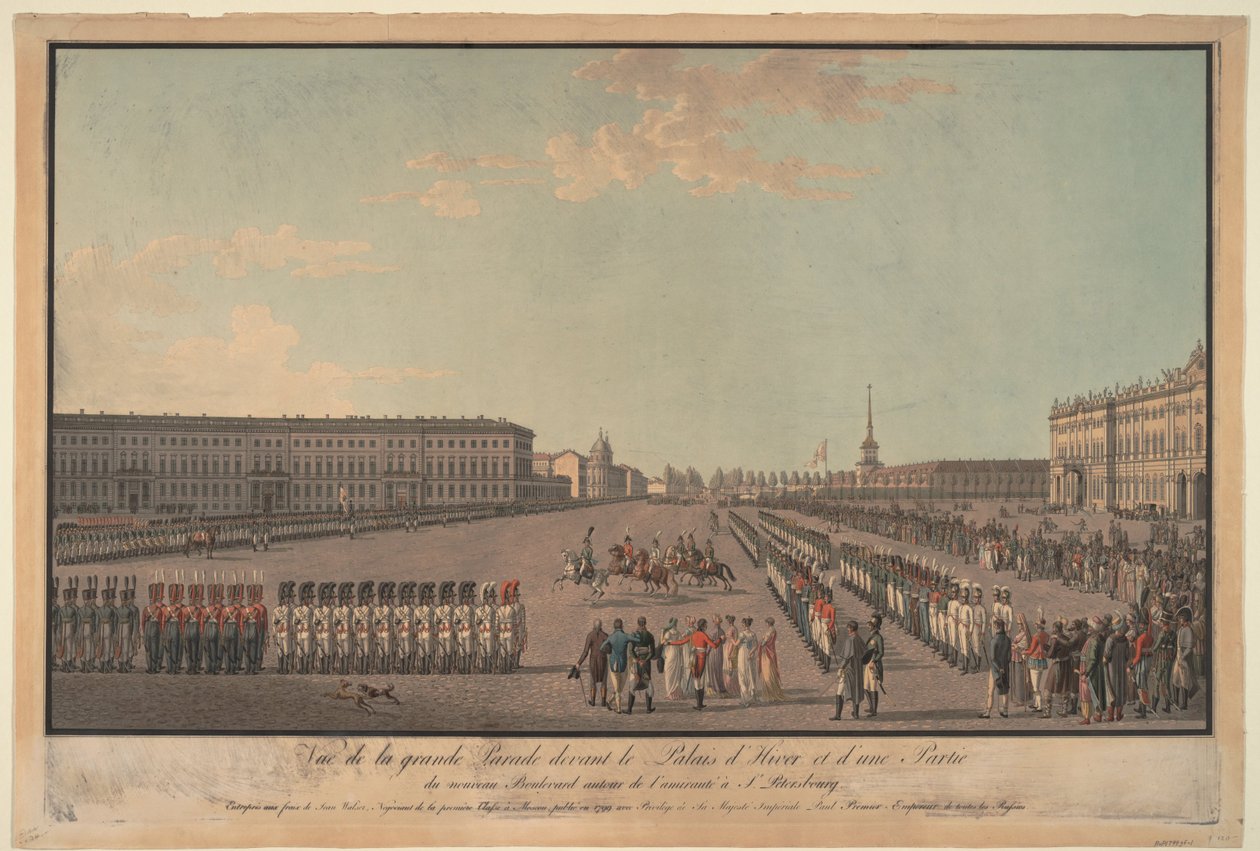 De parade voor het Winterpaleis in Sint-Petersburg, 1799 door Unbekannt