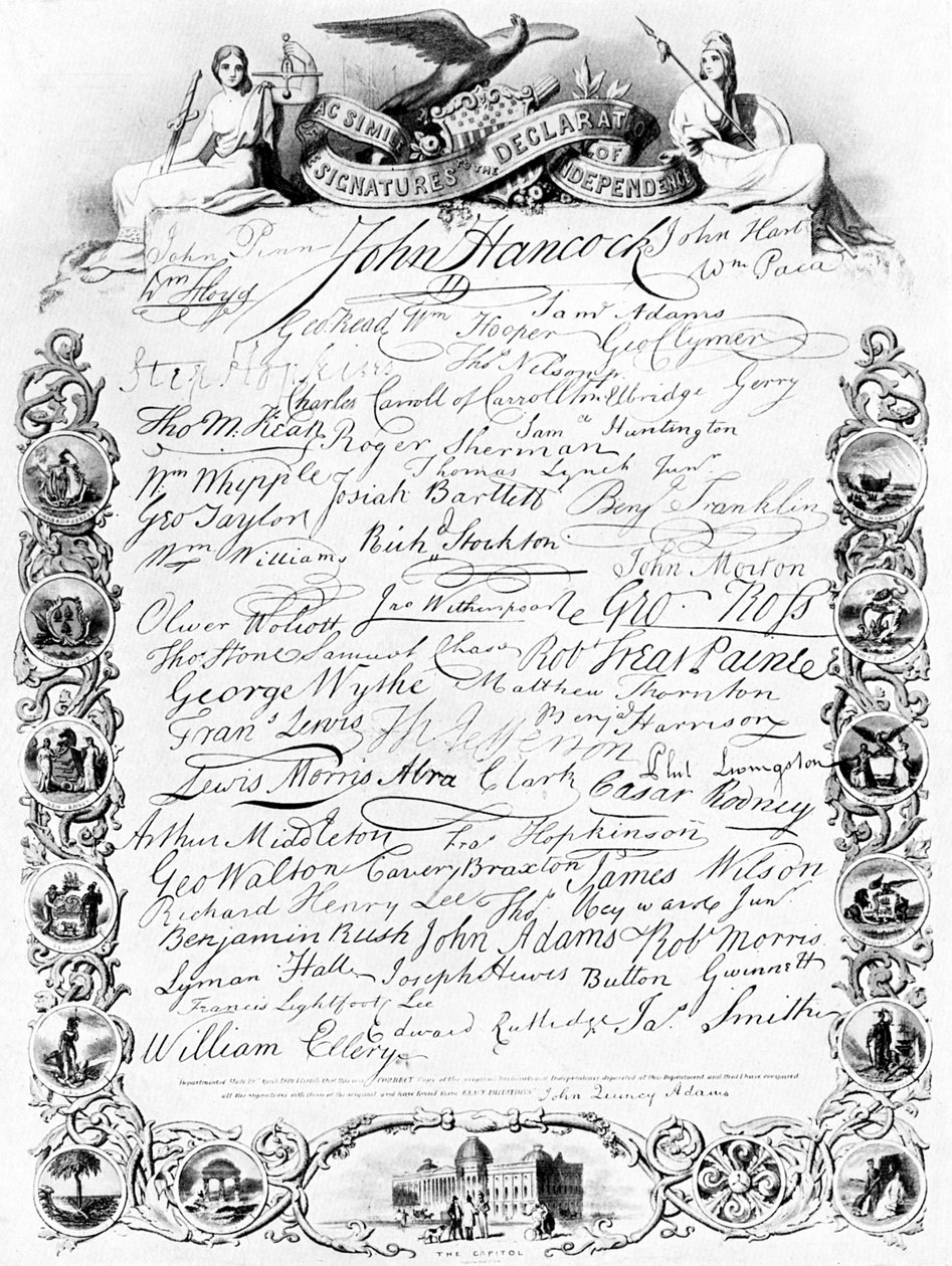 De handtekeningen onder de Amerikaanse Onafhankelijkheidsverklaring, ca. 1776 door Unbekannt