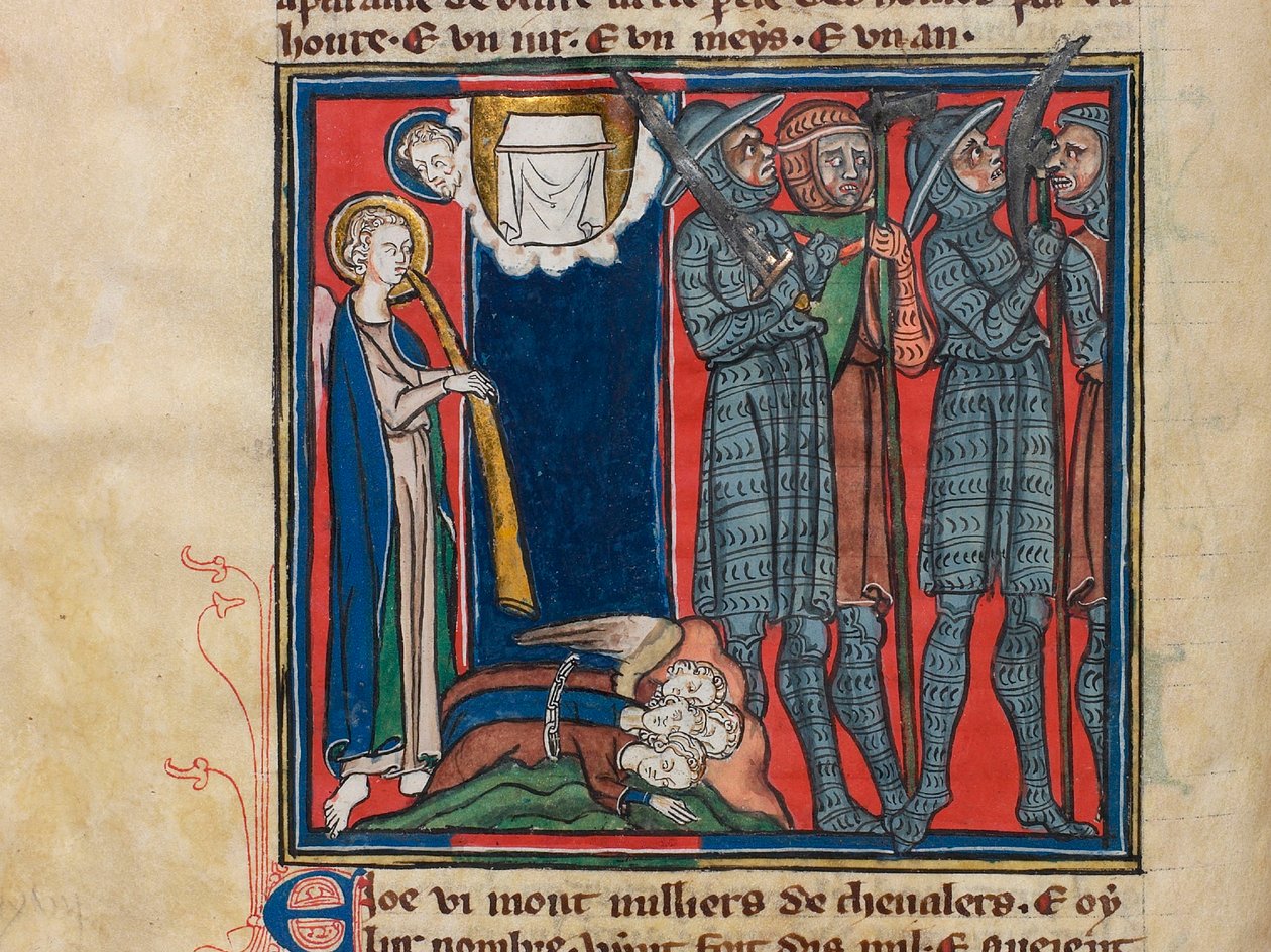 De zesde engel blies op zijn trompet... Miniatuur uit: Apocalypse de saint Jean, ca 1320 door Unbekannt