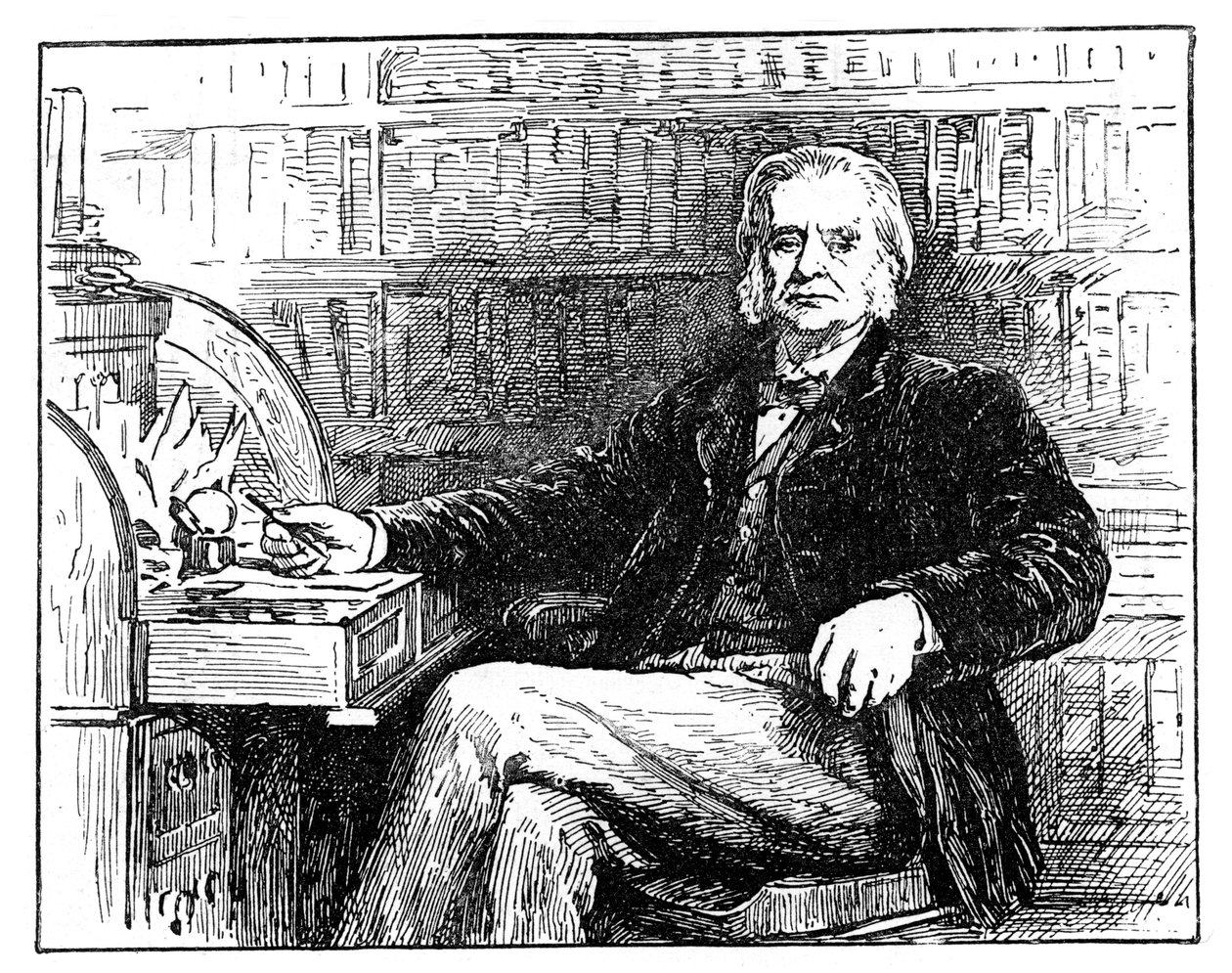 Thomas Henry Huxley, Britse bioloog, aan zijn bureau, ca. 1880 door Unbekannt