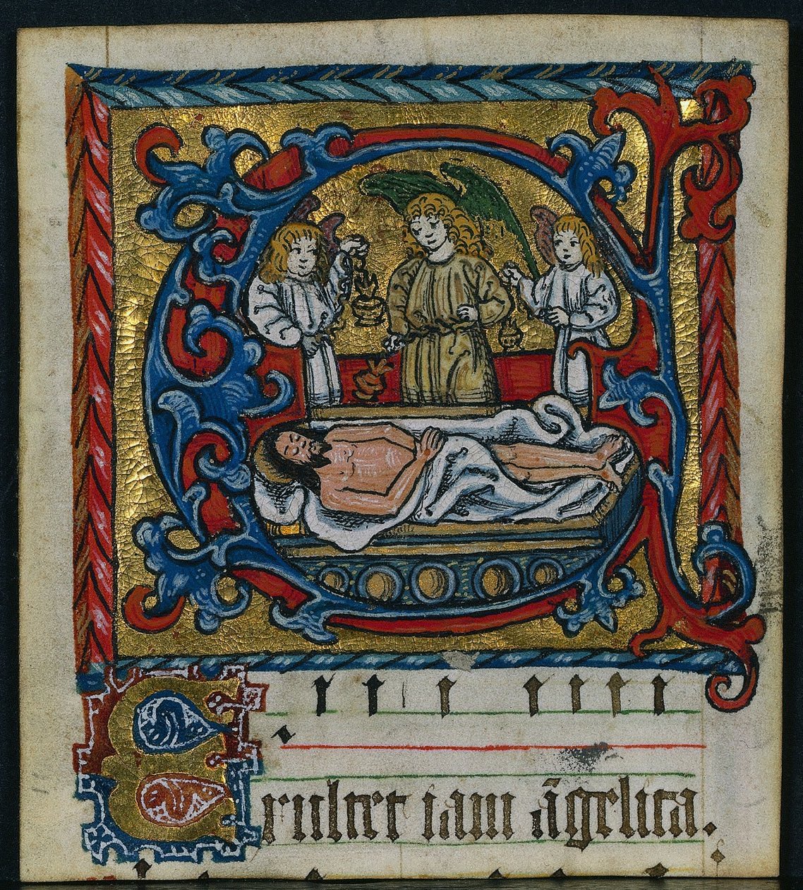 Drie Uitsnijdingen uit een Missaal: Initiaal E met de Engelen van de Graflegging, ca. 1470-1500 door Unbekannt