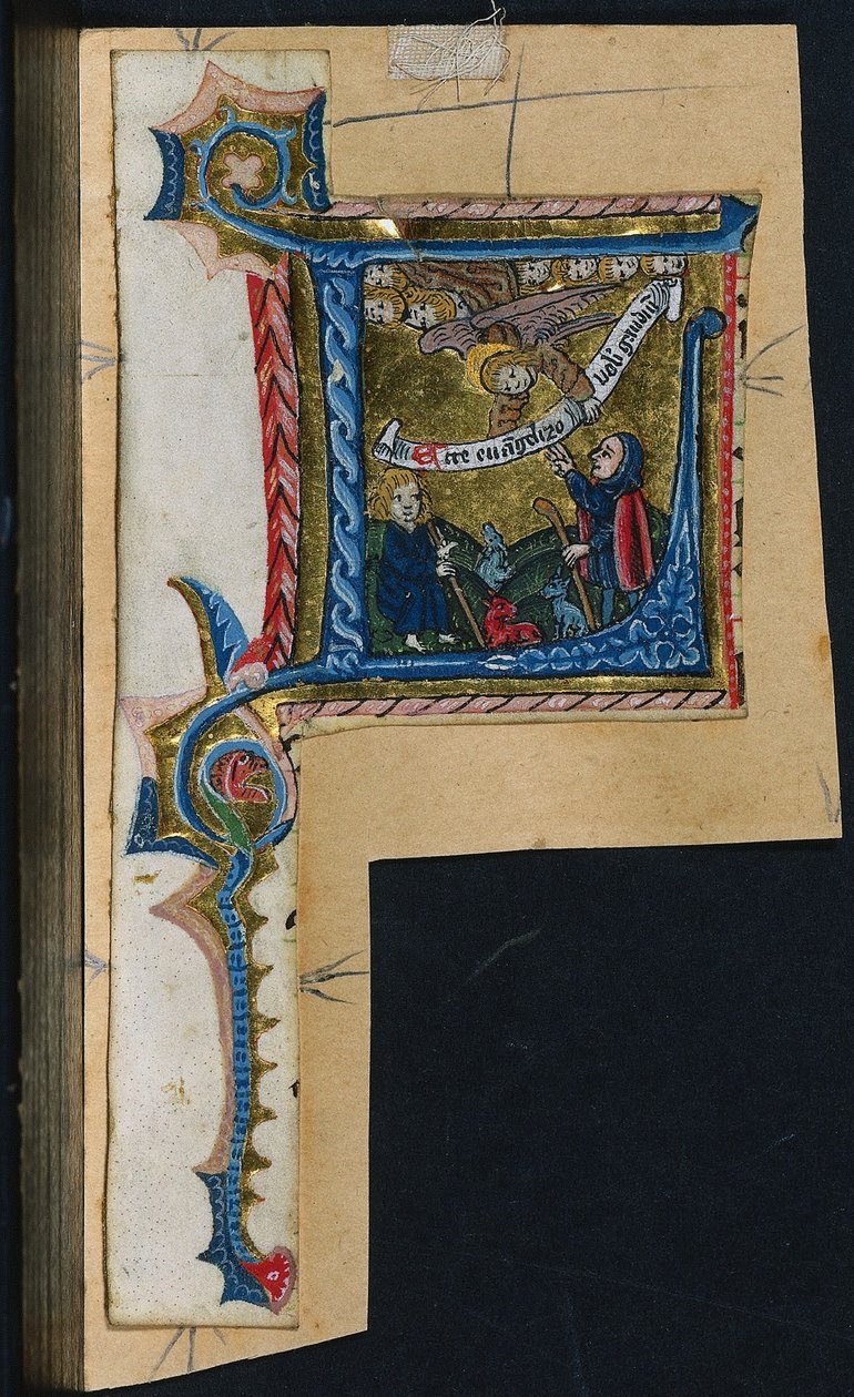 Drie Uitsnijdingen uit een Missaal: Initiaal L met de Aankondiging aan de Herders, ca. 1470-1500 door Unbekannt