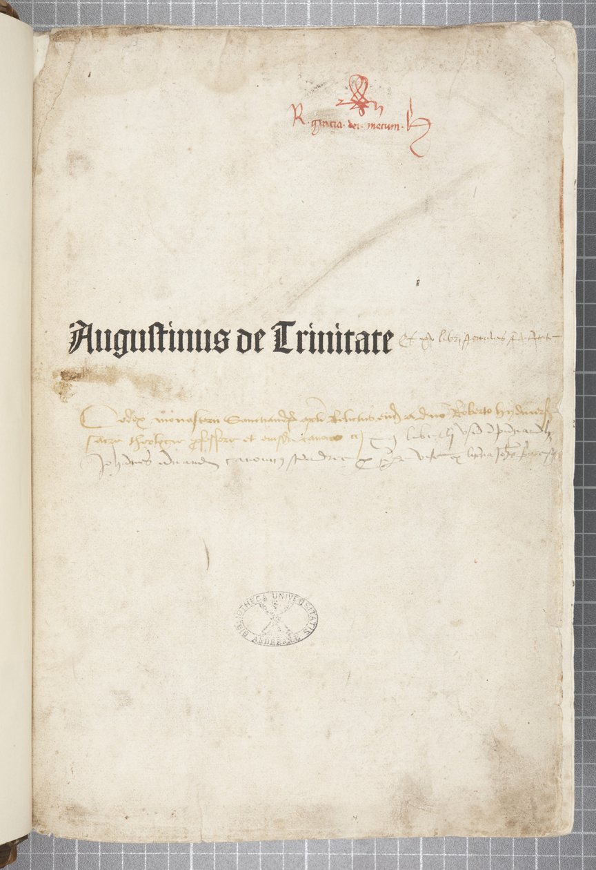Titelpagina van De trinitate en De Civitate Dei cum commento, geschreven door Augustinus van Hippo (pen en inkt op papier) door Unbekannt