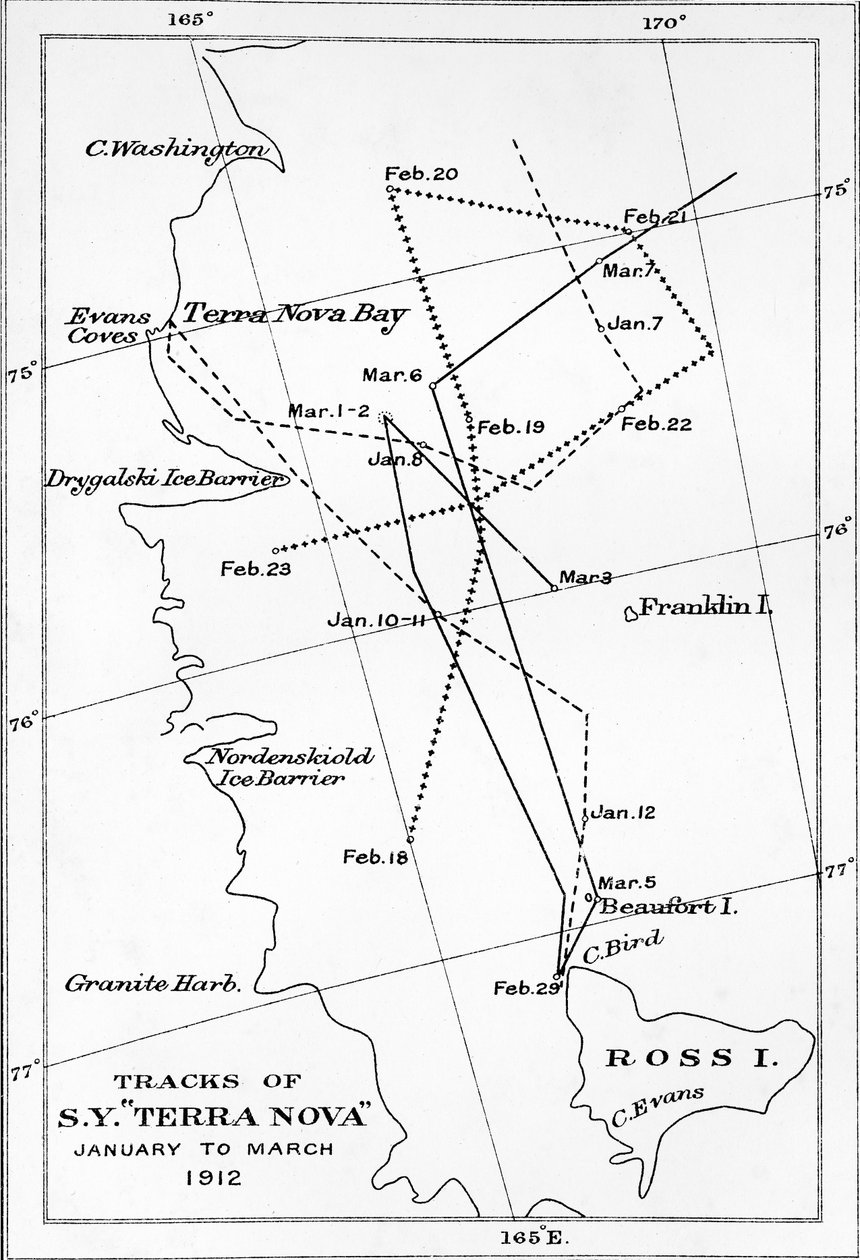 Routes van S.Y. Terra Nova - januari tot maart 1912, 1913 door Unbekannt