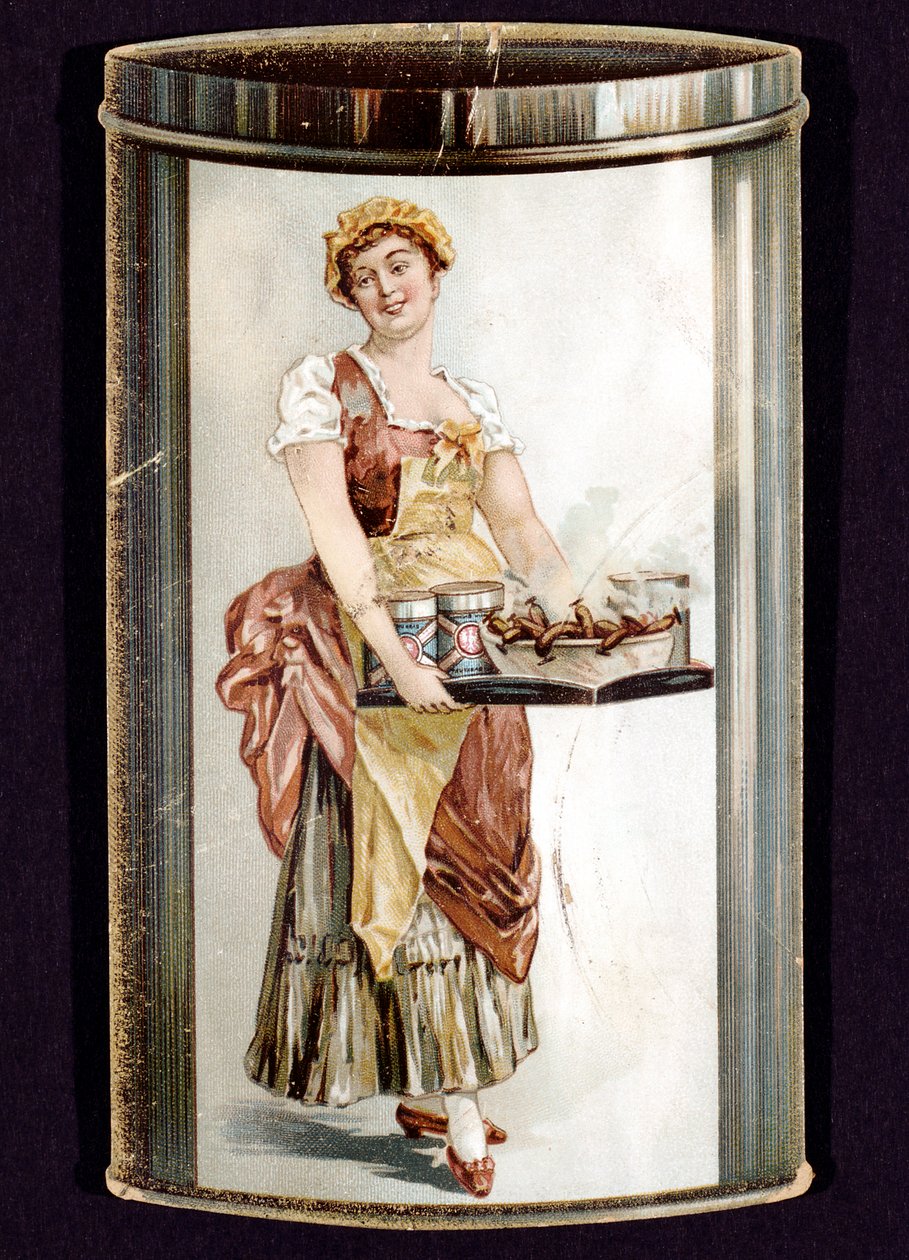 Handelskaart voor ingeblikte Frankfurters geproduceerd door Heinrich Bauer uit Frankfurt am Main, Duitsland, ca. 1895 door Unbekannt