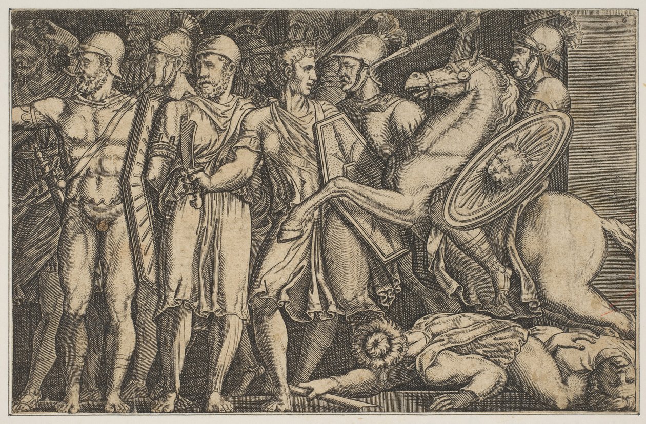 Trajanus vecht tegen de Daciërs, Trajanus te paard rechts rijdend naar een groep... door Unbekannt