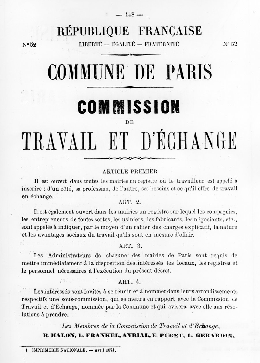 Travail et DEchange, van Franse politieke posters van de Parijse Commune, mei 1871 door Unbekannt