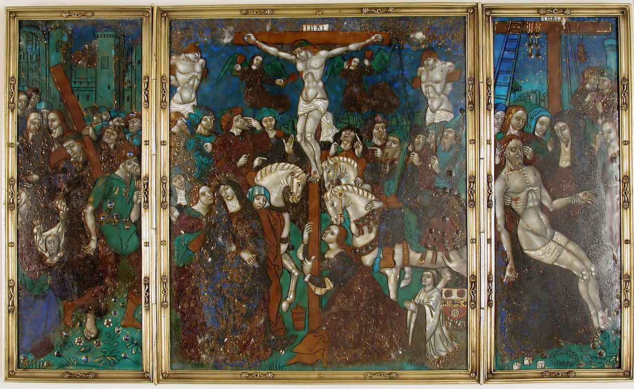 Drieluik met De Weg naar Golgotha, Kruisiging en Afdaling van het Kruis door Unbekannt