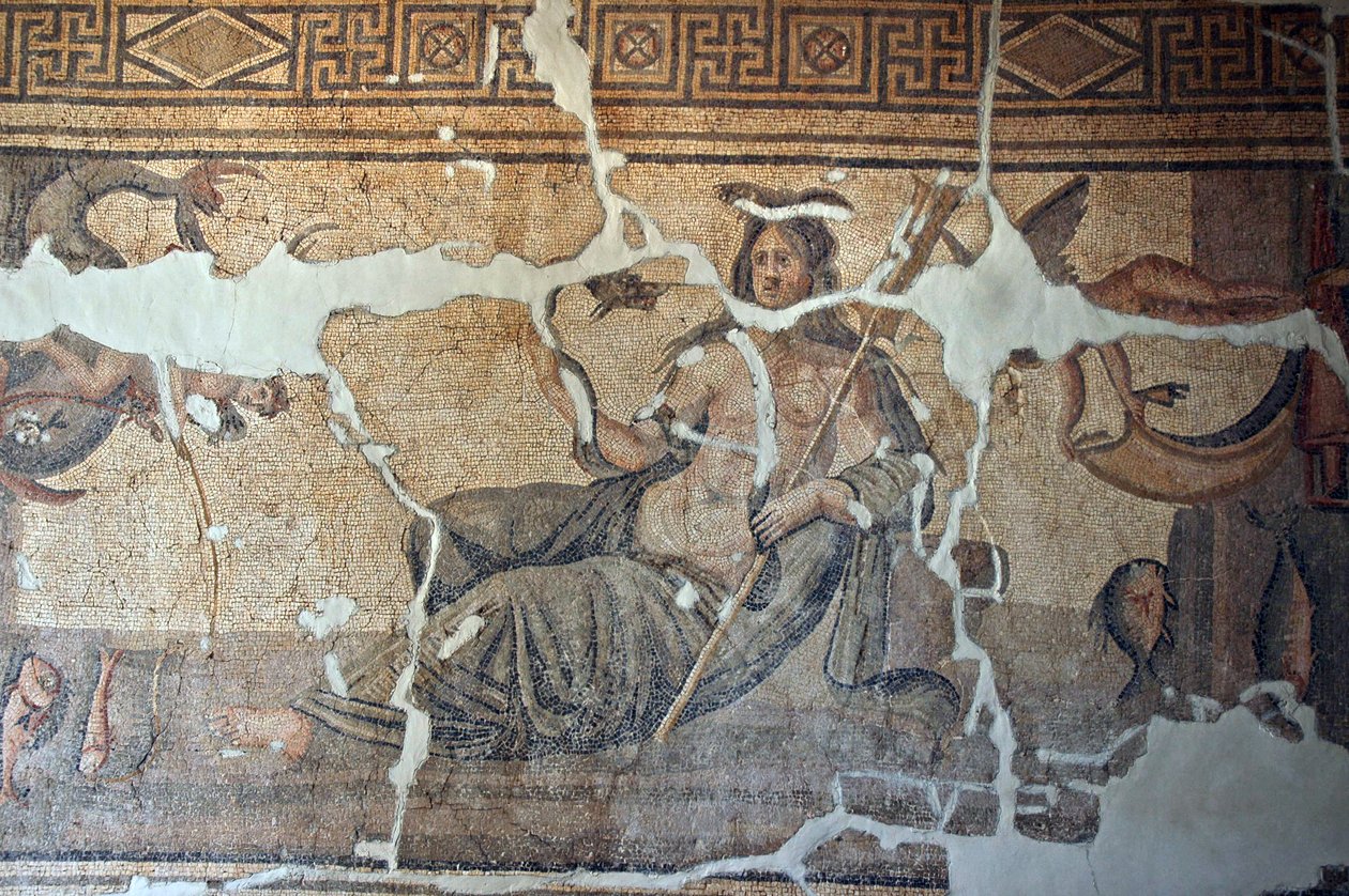 Thetis tussen de vissen Mozaïek, uit Iskenderum, Turkije door Unbekannt