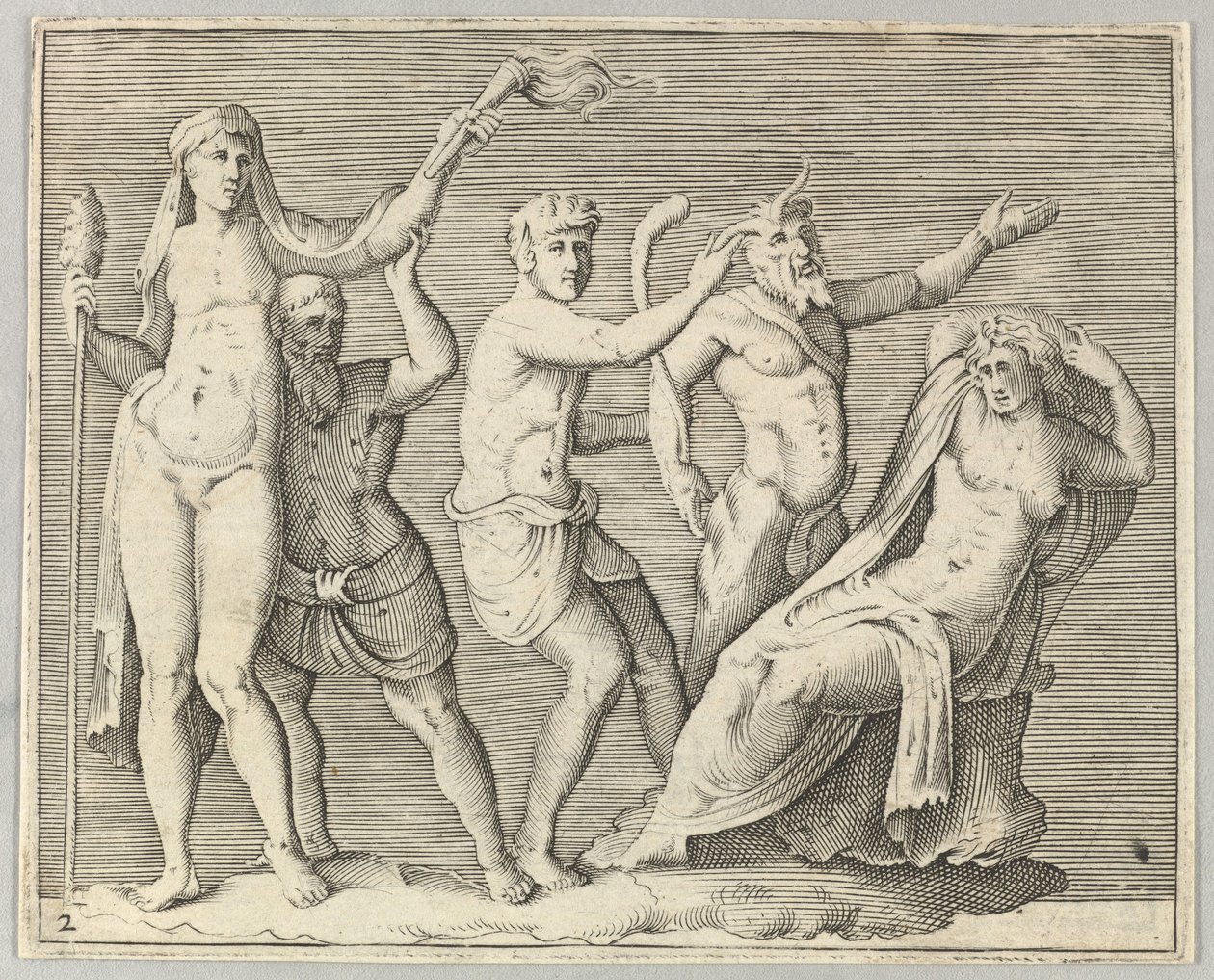 Twee figuren, een faun en een sater naderen een liggende vrouw, gepubliceerd ca. 1599-1622 door Unbekannt