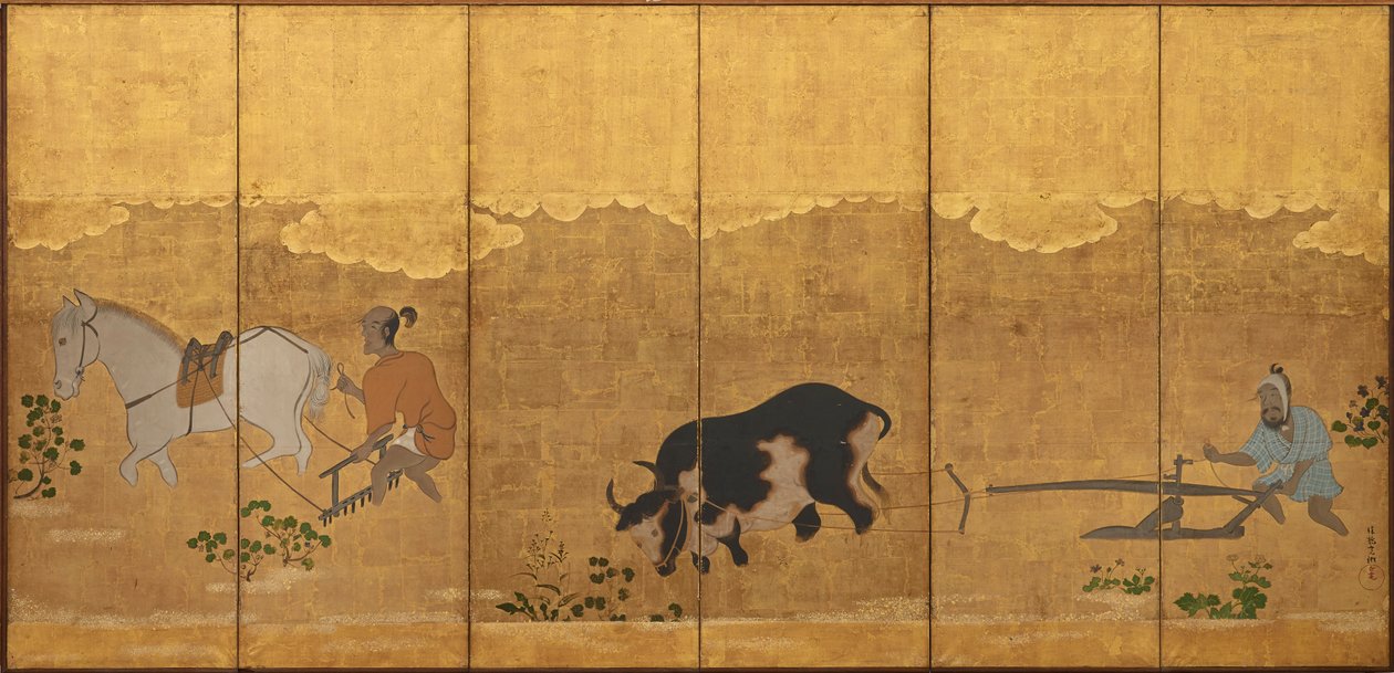 Twee boeren ploegen en eggen een rijstveld, Edo-periode, 1615-1868 door Unbekannt