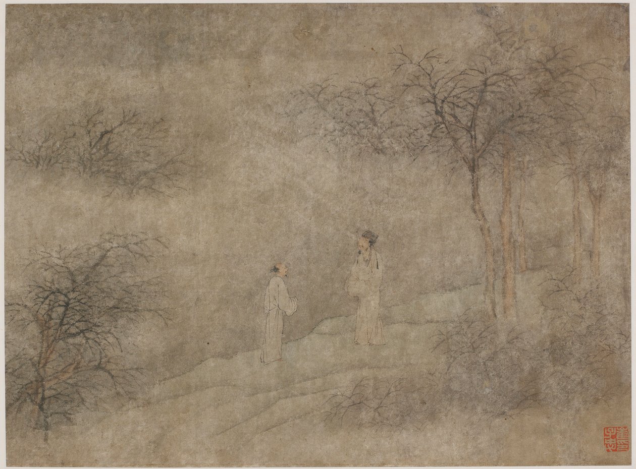 Twee mannen wandelen in mistig bos, Ming-dynastie, 1368-1644 door Unbekannt