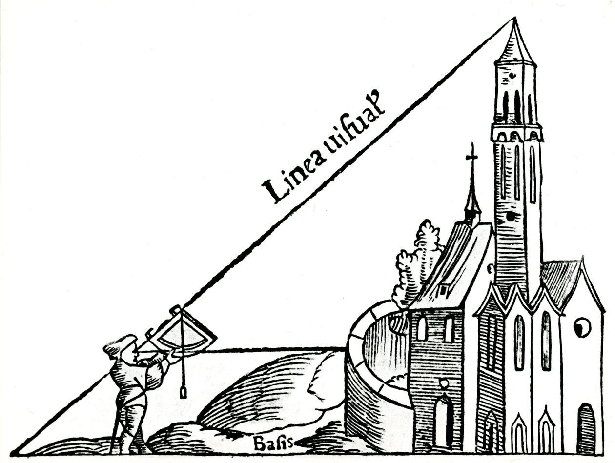 Een kwadrant met een schietlood gebruiken om de hoogte van een toren te berekenen door triangulatie, 1551 door Unbekannt