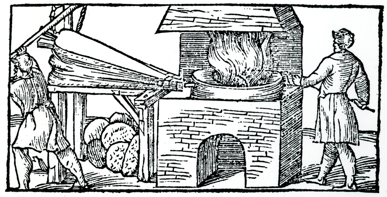 Balg gebruiken om de trek in een oven te vergroten, 1540 door Unbekannt