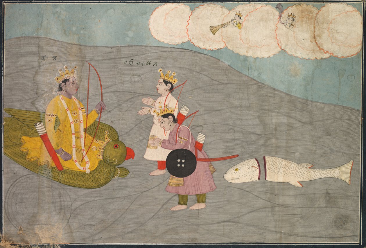 Vanasuras zonen onderwerpen zich aan Krishna: Scène uit de Aniruddha Usha sectie van Krishna Lila door Unbekannt