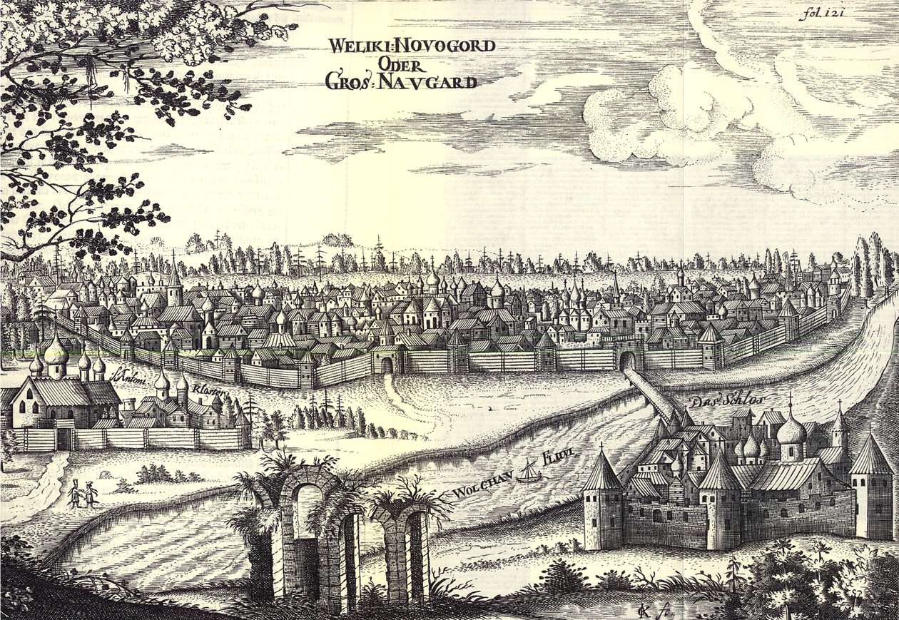 Velikiy Novgorod Illustratie uit Reizen naar de Grote Hertog van Moskou en de Koning van Perzië door Adam Olearius, 1656 door Unbekannt