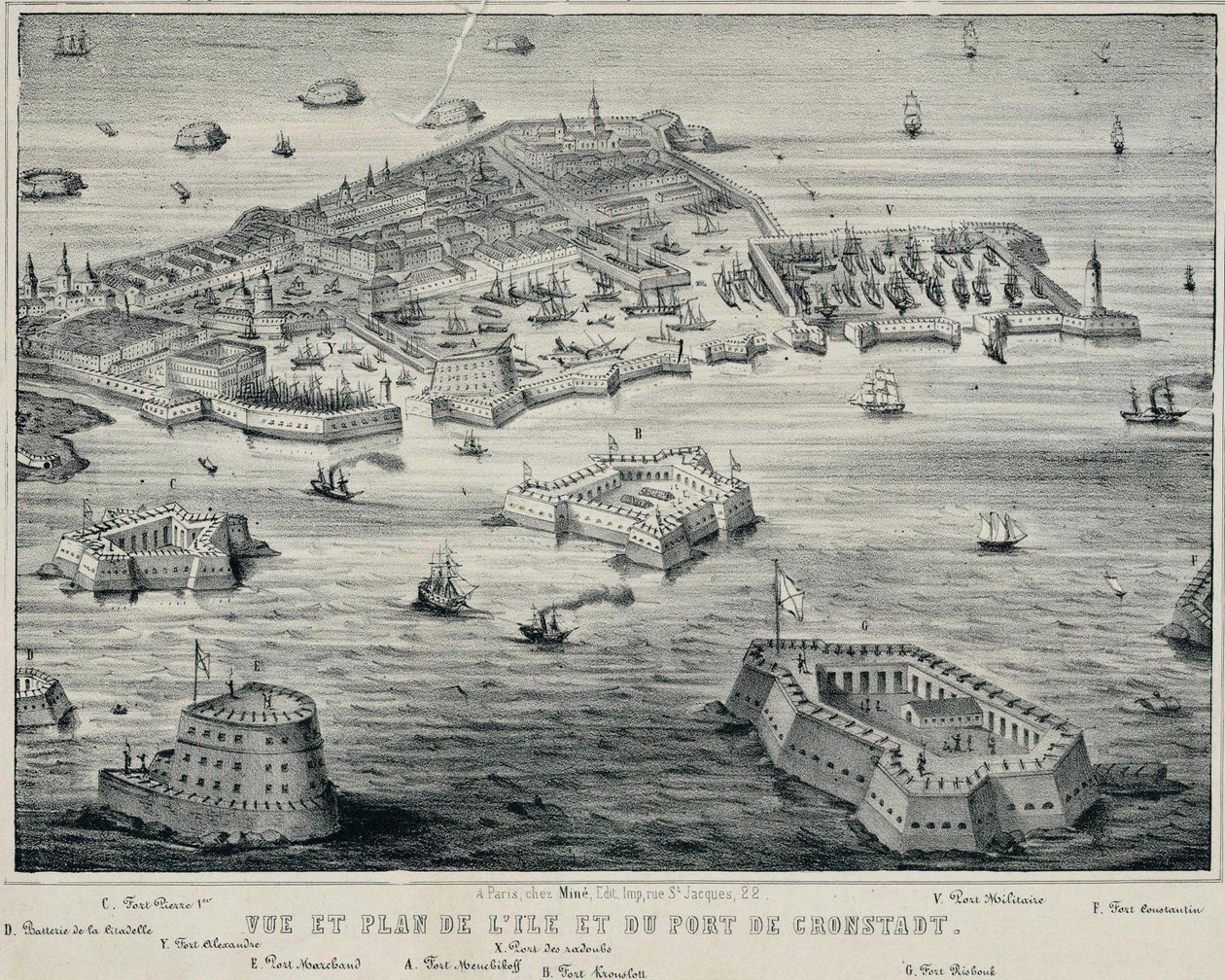 Uitzicht en Plan van eiland en de haven van Kronstadt door Unbekannt