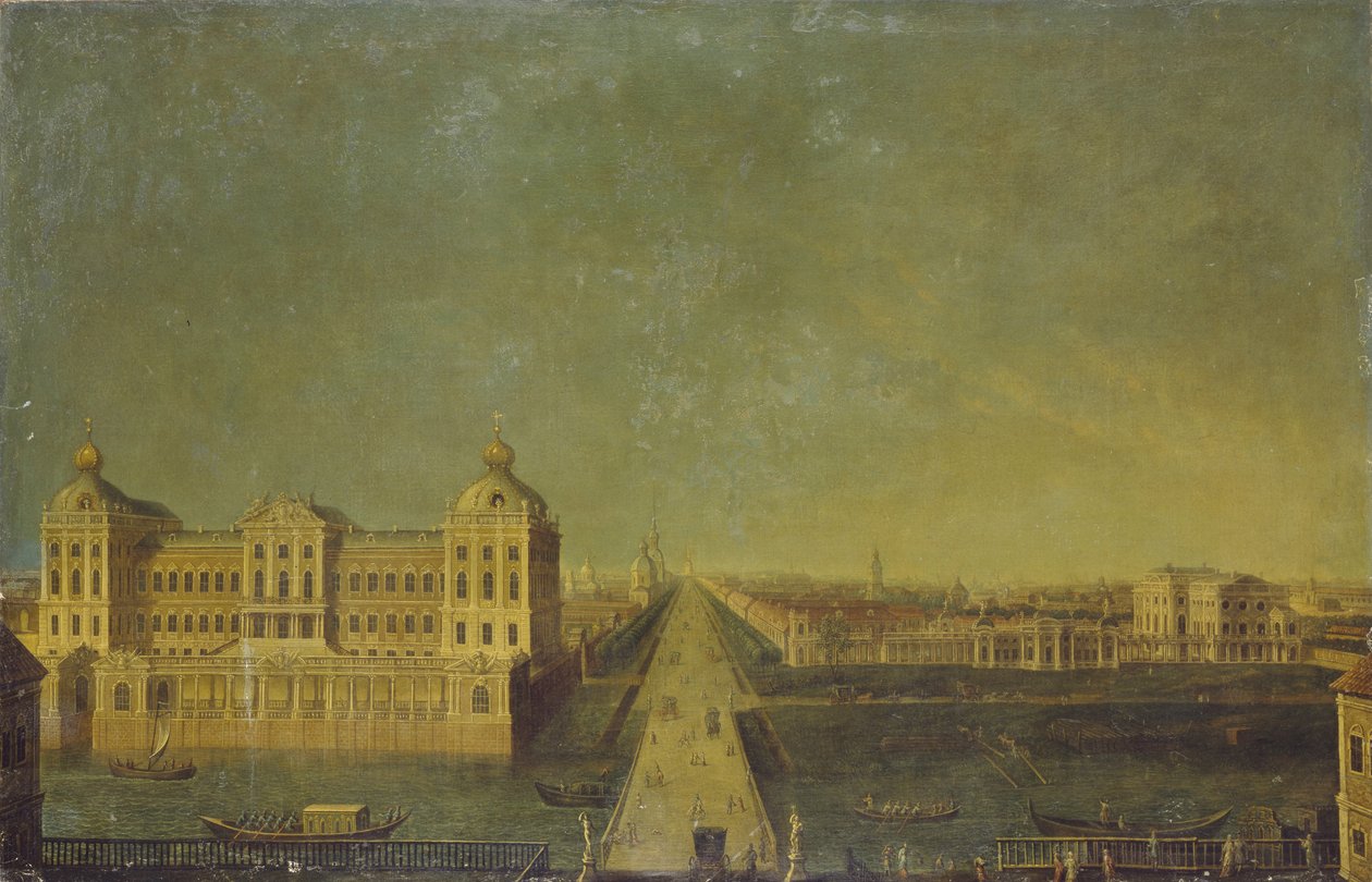 Uitzicht op de Nevsky Prospekt vanaf het Anichkov Paleis met het Shuvalovs Huis, tweede helft van de 18e eeuw door Unbekannt