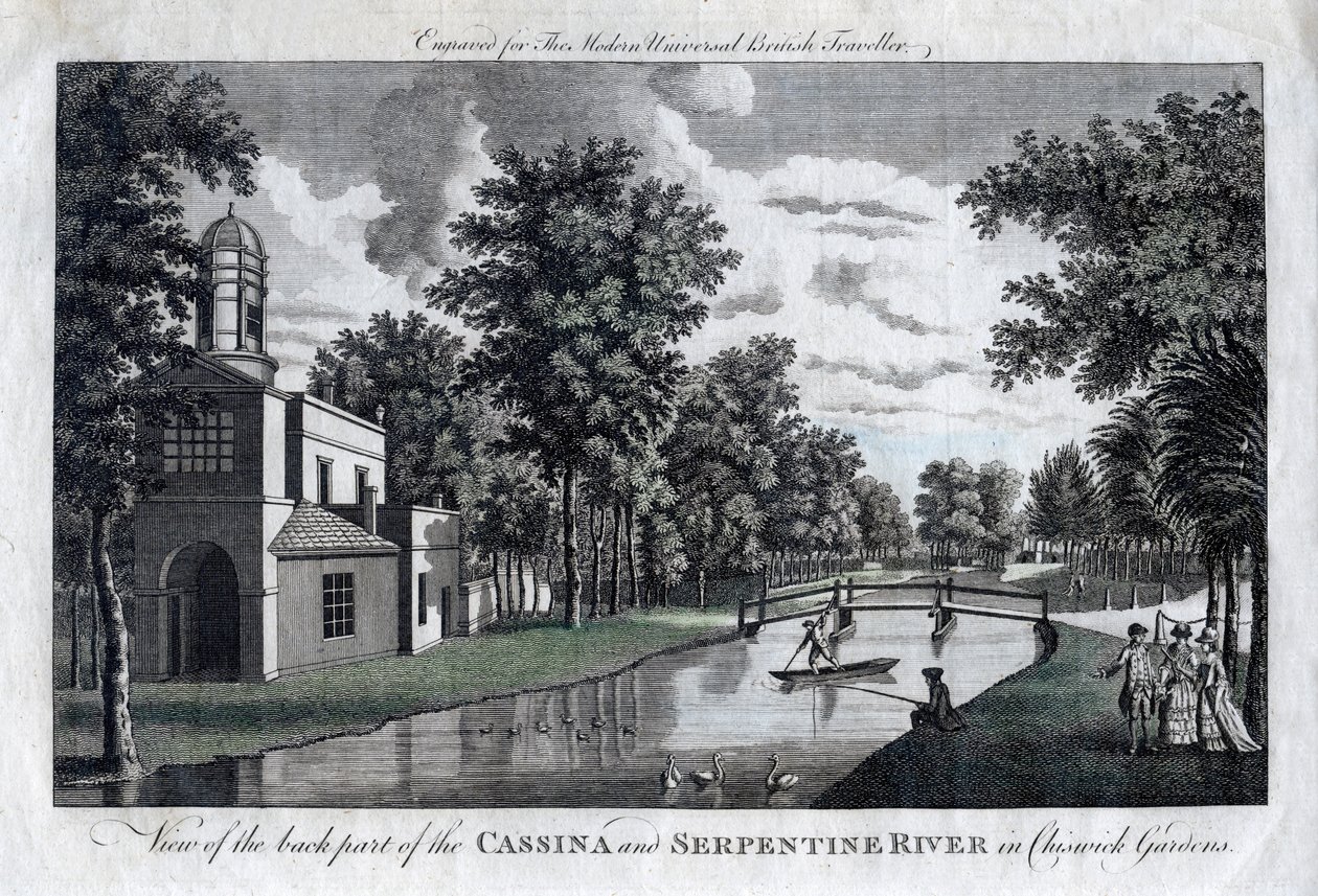 Uitzicht op het achterste deel van de Cassina en de Serpentine Rivier in Chiswick Gardens, Londen door Unbekannt