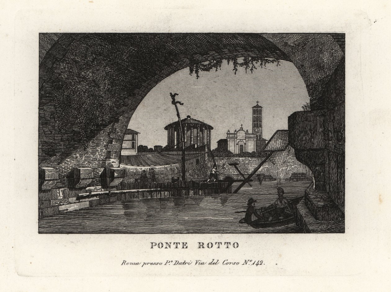 Uitzicht op de gebroken Ponte Rotto, Pons Aemilius, in de Tiber rivier, Rome door Unbekannt