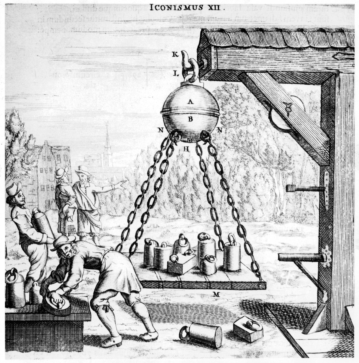 Von Guerickes demonstratie van de kracht van luchtdruk, 1672 door Unbekannt