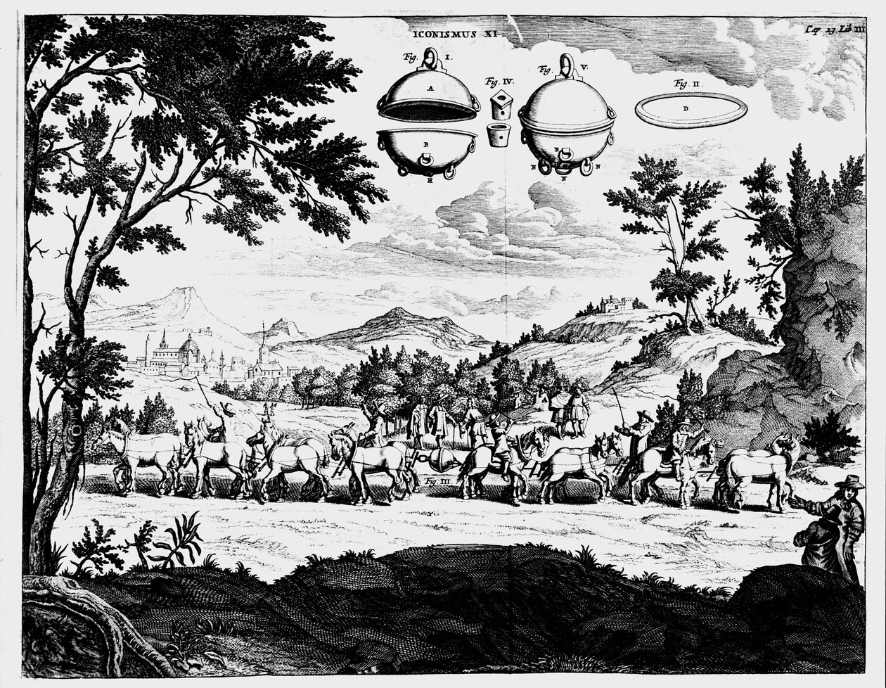 Demonstratie van de kracht van luchtdruk door Von Guericke, 1672 door Unbekannt