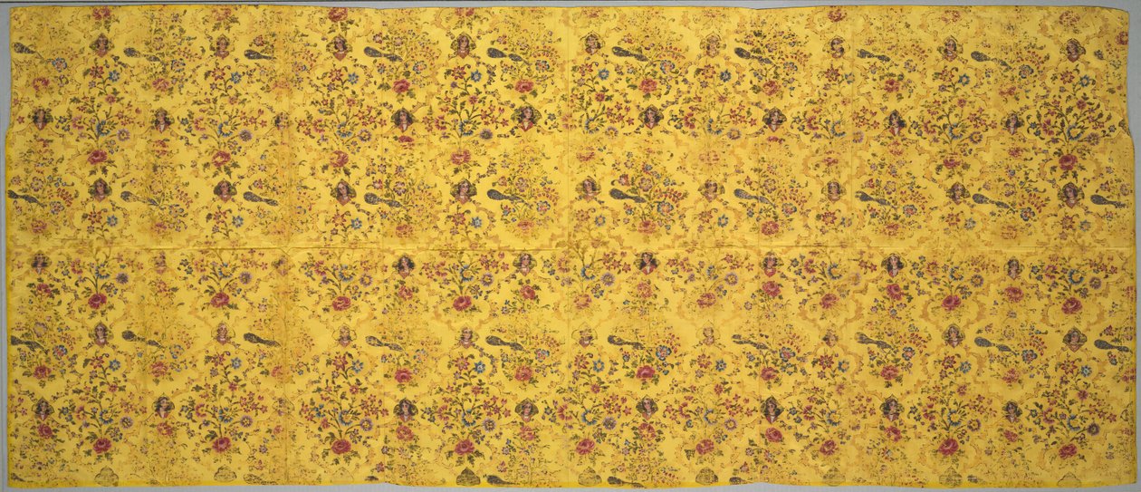 Wandbekleding met flora, pauwen en portretmedaillons, 1800s door Unbekannt