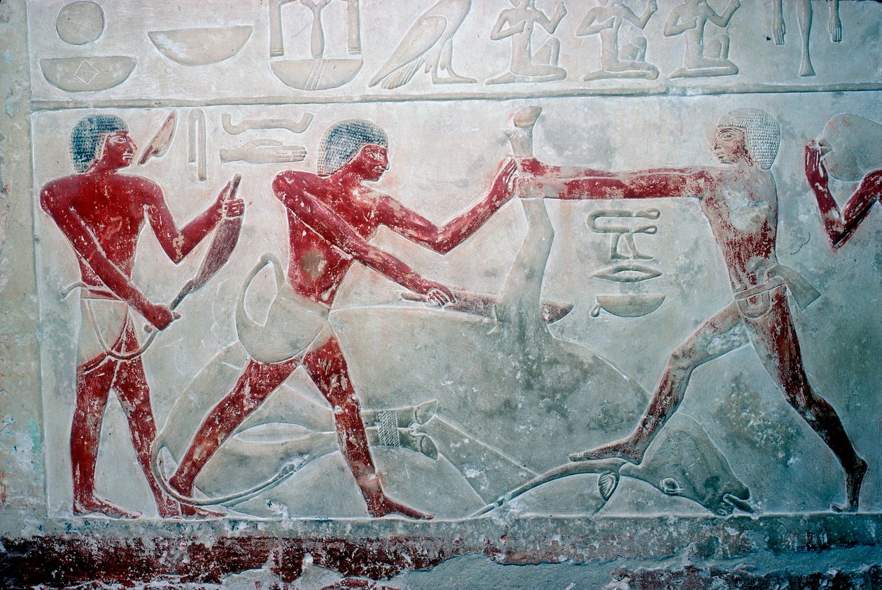 Muurschildering van 3 slagers die een karkas snijden, Graf van Idut, 5e dynastie, ca. 2350 v.Chr. door Unbekannt